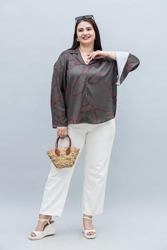 PURYS Women's Olive Abstract Print Plus Size Slit Sleeves Satin Shirt, 3X-Large