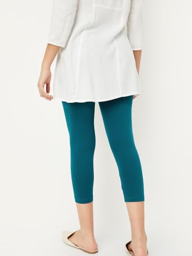 Max Women Solid Calf Length Leggings, Teal, S