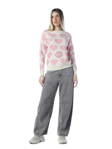 ONLY Women's Graphic Print Regular Fit White Sweater