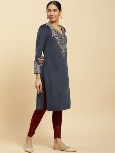 W for Woman Blue Embroidered Flared Velvet Kurta (Size: S)-24NOW10358-220778
