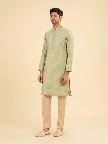 Manyavar Men's Art Silk Sequined Placket Printed Festive Kurta Set (Light Mid Green,L)