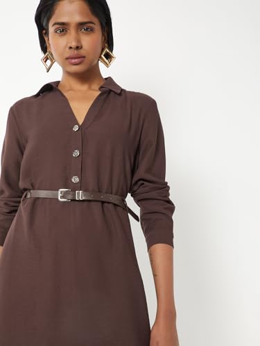 Max Women Solid Belted Shirt Dress (Brown_XS)