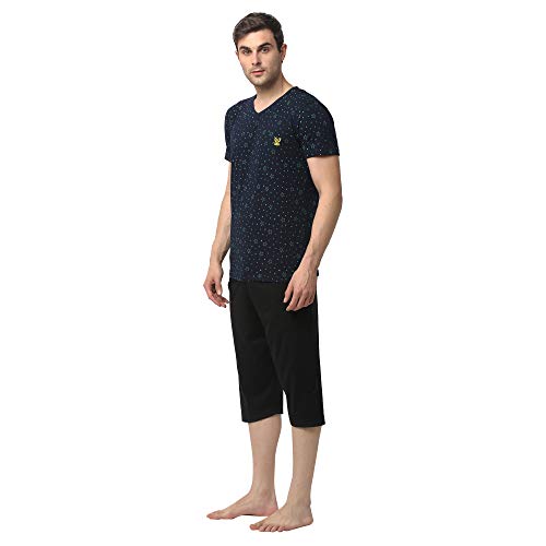 Mack JONNEY Cotton Blend Night Suit Co-ord Set for Men with V-Neck Half Sleeve T-Shirt and Capri-V_P1NVY_D13_BLK_02-XL