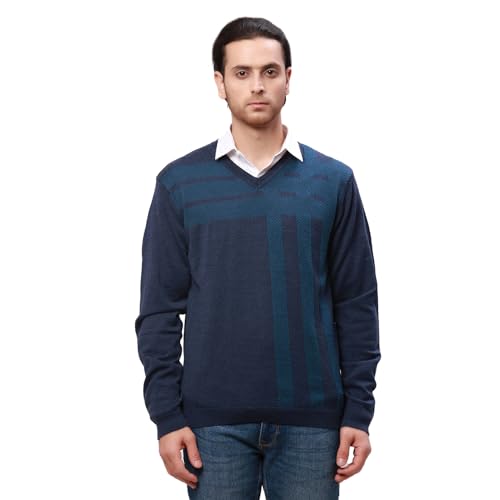 Park Avenue Men's Regular Fit Acrylic Wool Blend Full Sleeve V Neck Checks Pattern Dark Blue Casual Sweater (Size: XS)-PCWA00267-B8
