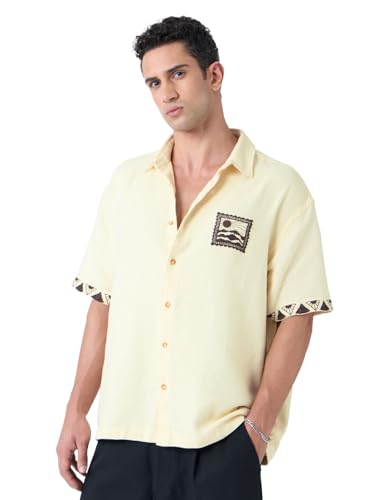 The Souled Store Oversized Shirt: Scenic Men and Boys Short Sleeves Collared Neck Button Front Off White Embroidered Cotton Oversized Shirts