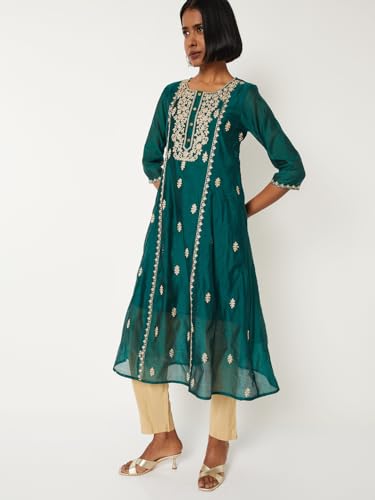 Max Women Embroidered A-line Kurta (Green_M)
