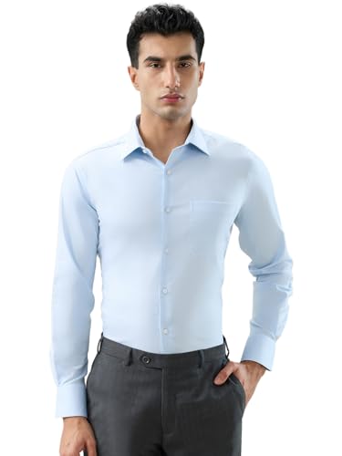 Raymond Blue Solid Chambray Pattern Men Long Sleeve Casual Shirt