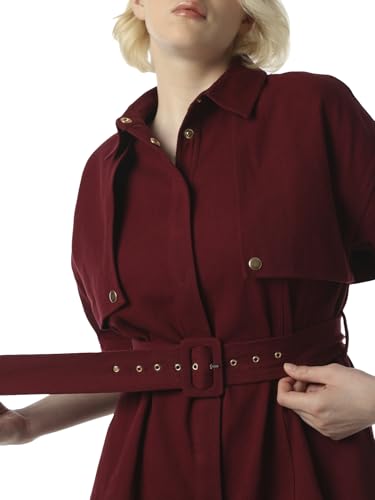 ONLY Women's Solid Fit and Flare Maroon Dress