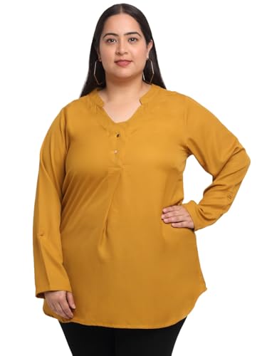 Women Plus Size Mandarin Collar Longline Top (LTP16740-MUSTARD-5XL)