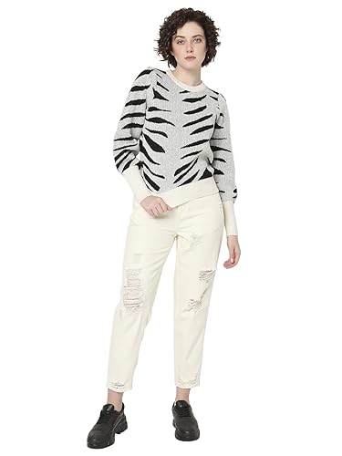 VERO MODA Women Printed Polyester Blend Regular Fit Off-White Sweater