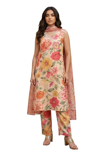 W for Woman Pink Floral Printed Straight Kurta with Pant and Dupatta Set - (WS13073-126328-M)