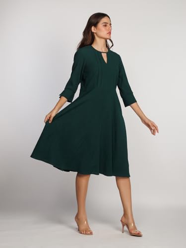 Zink London Women's Dark Green Solid A-Line Midi Dress - SaumyasStore