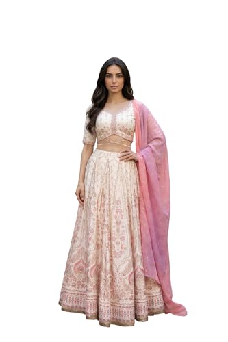 Aurelia Women's Cream Foil Printed Ethnic Motifs Blouse with Lehenga and Dupatta Set - (AS16425-510452-S)