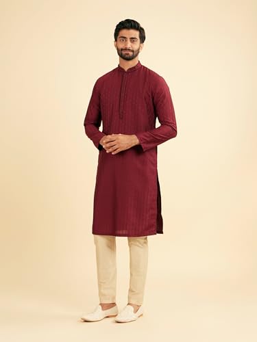 Manyavar Men's Art Silk Embroidered Placket Solid Kurta Set (Maroon,L)