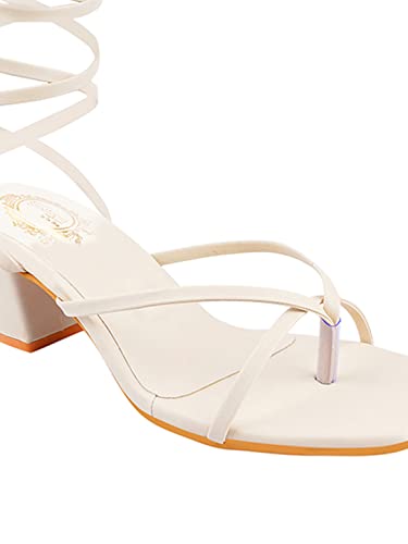 Shoetopia Elegant Cream Block Heel Sandals with Gladiator Detail | Chic Lace-Up Straps | Comfortable Summer Footwear for Women EU35