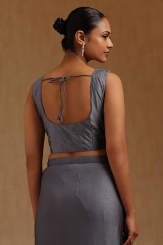 Soch Womens Grey Spandex Solid Ready To Wear Saree