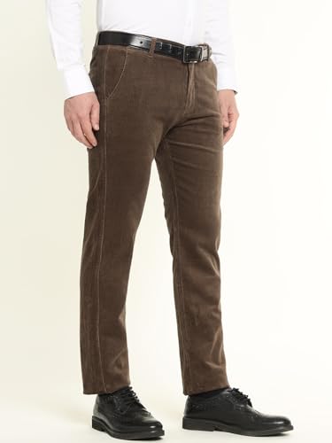 Hancock Men Cotton Solid Slim Fit Trousers Brown Size 30, Ideal for Work and semi Formal Occasions, Comfortable Stretch Waistband, Classic Silhouette with Modern Comfort