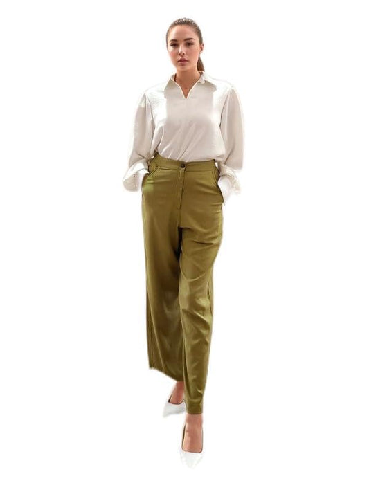 Zink London Women's Green Solid Full Length Trouser