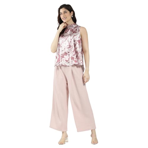 Monte Carlo Women Printed Co-ord Set | Regular Fit | Sleeveless Top | Band Neck | Elastic Waist | Wide Leg Pant | Casual Loungewear Set for Women's Pink L (Pack of 1)
