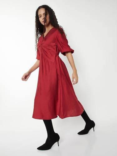 Max Women Solid Twisted A-line Midi Dress(Red_L)
