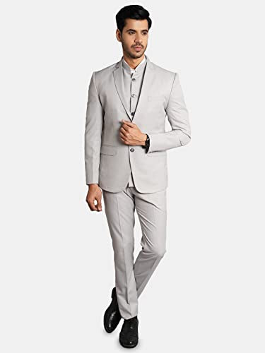 WINTAGE Poly Viscose Grey Solid Three Piece Suit: Small