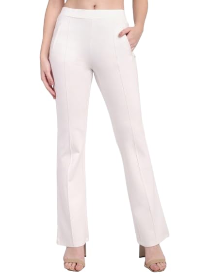 Latin Quarters Women's White Solid Casual High Rise Full Length Trouser_S