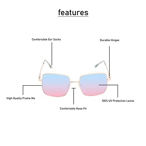 SPIKY Unisex Kids Rectangular Sunglass With Protective Case Gold Frame Blue & Pink Lens, Free Size - (Pack of 1)