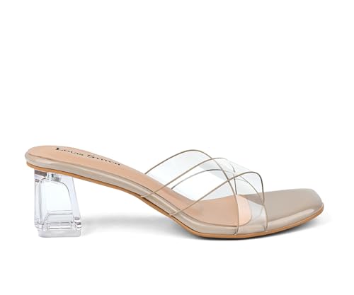 LOUIS STITCH Women’s Fashion Beige Slip-On Block Heel Sandals | Transparent Cross Strap Stylish Heel Sandal for Ladies, Fashionable Sandal | LSOF-LDBH-SLCSBG | (UK-4)