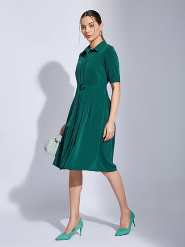 Latin Quarters Women Green Collared Half Sleeves Solid A-Line Shirt Dress for Casual Wear