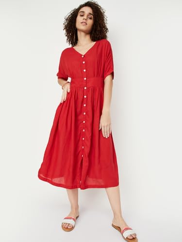 Max Women Solid V-Neck Fit and Flare Dress (WDRS33007RUBY)_XS, Below The Knee
