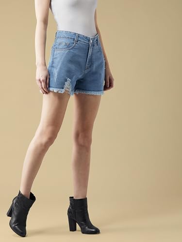 Miss Chase Women's Relaxed Fit Highly Distressed Mid Rise Ripped Denim Shorts (MCAW25DEN62-73-AAK-36, Vyntra Blue, 36)
