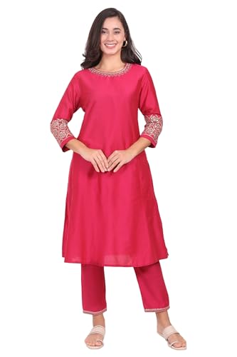 W for Woman Pink Solid Embroidered Straight Kurta and Straight Pants Set - (WS13457-224480-M)
