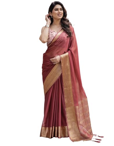 SIRIL Women's Chiffon Jacquard Weaving Saree with Unstitched Blouse Piece (4266S151_Brown)