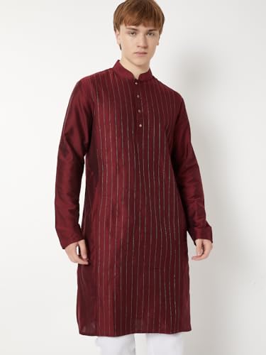 Max Men Striped Straight Long Kurta (Red_L)