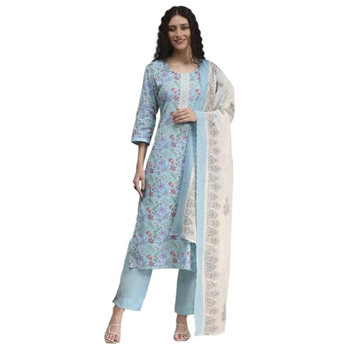 Biba Women Turquoise Chanderi Handloom Unstitched Suit Set FREE SIZE