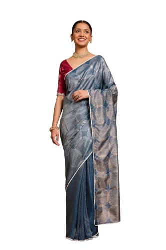 Taneira Women Darkblue Pure Tissue Organza Printed Embroidered Saree with Unstitched Blouse Piece (SAIP01AC1415-Dark Blue)