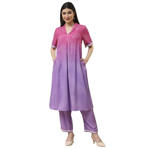 BIBA Women Lilac and Pink Printed Straight Co-ord Set_46