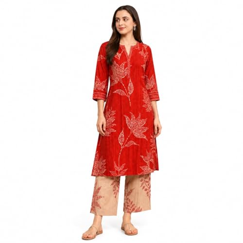 Biba Women Red Viscose Rayon Printed Straight Suit Set_32