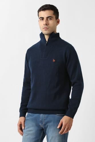 Men Navy Solid Round Neck Sweater