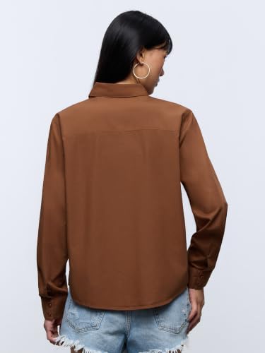 The Souled Store Daisy Women and Girls Full Length Collared Brown Embellished Cotton Relaxed Fit Breathable Shirt for Casual Wear Street Wear