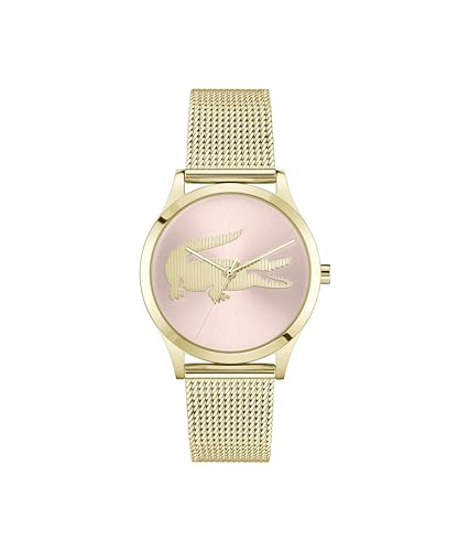 Lacoste Crocodelle Women's 3H Quartz Watch, Stainless Steel Mesh Bracelet - Modern, Classic Timepiece - Gift for Her, 36mm, Gold Plated-Pink