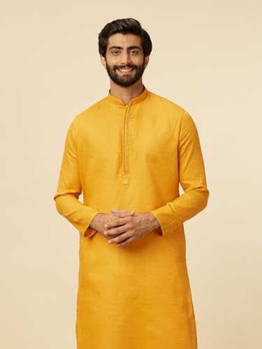 Manyavar Mustard Cotton Embroidery Kurta Pyjama Set