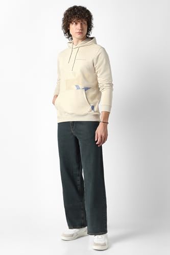 Men Beige Print Hooded Neck Sweatshirt