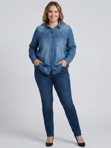 9 Impression Blue Solid Long Sleeve Plus Size Women's Denim Shirt with Flap Pocket On Chest (Blue; 4XL)