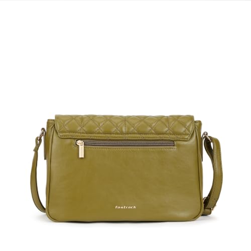 Fastrack Metro Quilt Sling Bag for Women|Olive Faux Leather Crossbody Bag| Quilted Flap Design with Zip & Magnetic Closure|Spacious Compartment with Organiser Pockets|Adjustable Strap|External Pocket
