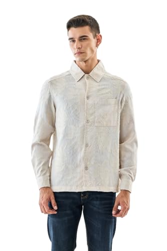 SNITCH Men's Box Fit Overshirt | Textured Floral Pattern with Full Sleeve & Point Collar | 100% Cotton, Breathable & Lightweight Casual Wear | Beige