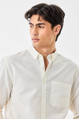 SNITCH Men Formal Shirt | Regular Fit Full Sleeve Button-Down Collar Solid Pattern | Premium Cotton Linen Blend & Breathable Fabric for Office & Casual Wear | Off White
