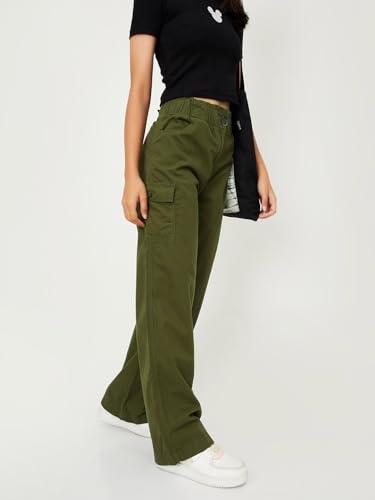 max Girls Solid Full-Length Regular Fit Flared Trousers,Olive Green,13-14Y