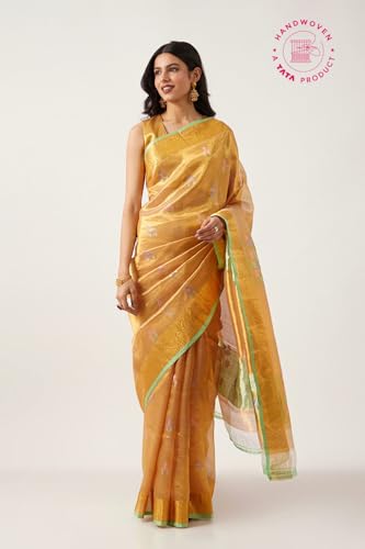 Taneira Women Gold Woven Pure Organza Tissue Kanjivaram Saree With Unstitched Blouse Piece (SHH07J00065-Gold)