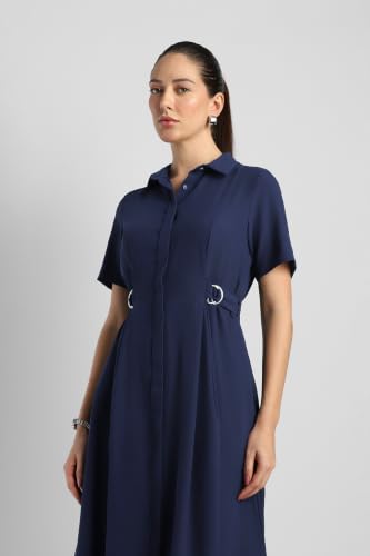 Women Navy Solid Calf Length Formal Dress